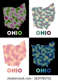 Collection of map of Ohio in dotted style. Borders of the US state are filled with rectangles for your design. Vector illustration.