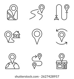 Collection of map pin and location marker icons in outline style.GPS, route, navigation, and geolocation. Vector illustration.