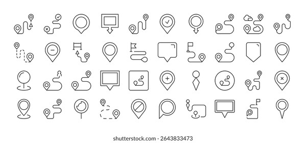 Coleção de Ícones de Linha Relacionados ao Pin do Mapa. Outline Signs para Gráficos e Web Design, Apps, Anúncios, Vários Cartões 