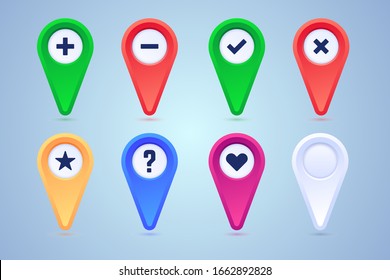 Collection of map pins in different colors and pictograms. Plus, minus, checkmark, cross, star, heart and blank pins. Vector illustration for use in maps.