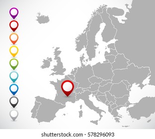 Collection of map pointers with map of Europe