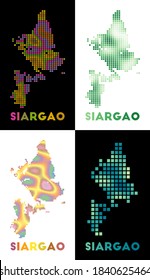 Collection of map of Siargao in dotted style. Borders of the island filled with rectangles for your design. Vector illustration.