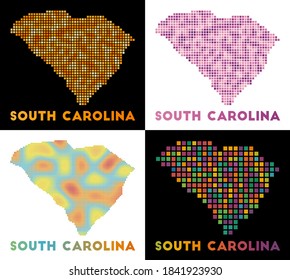 Collection of map of South Carolina in dotted style. Borders of the US state filled with rectangles for your design. Vector illustration.