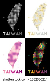 Collection of map of Taiwan in dotted style. Borders of the country filled with rectangles for your design. Vector illustration.