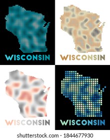 Collection of map of Wisconsin in dotted style. Borders of the US state filled with rectangles for your design. Vector illustration.