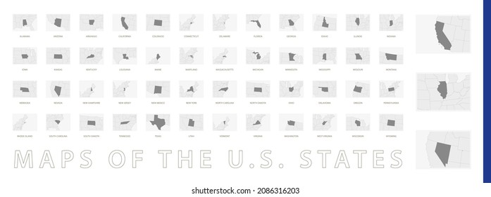 A collection of maps of all the U.S. States in gray color. Maps with neighboring states.