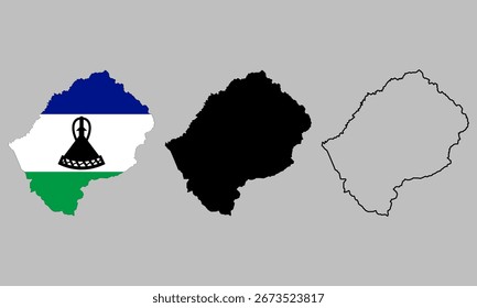 Una colección de mapas de Lesoto, incluyendo mapas de siluetas negras, mapas de contorno detallados y versiones temáticas de banderas.
