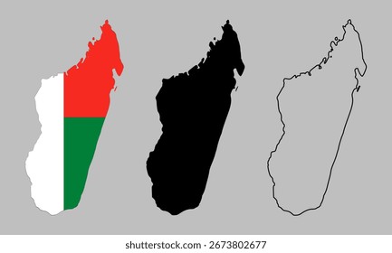 A collection of maps of Madagascar, including black silhouette maps, detailed outline maps, and flag themed versions.
