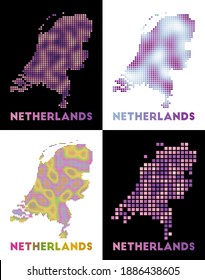 Mapa de los Países Bajos. Colección del mapa de los Países Bajos en estilo punteado. Las fronteras del país están llenas de rectángulos para su diseño. Ilustración vectorial.