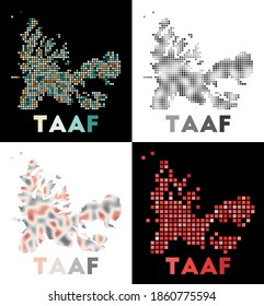 Mapa de TAAF. Colección del mapa de TAAF en estilo punteado. Las fronteras del país están llenas de rectángulos para su diseño. Ilustración vectorial.