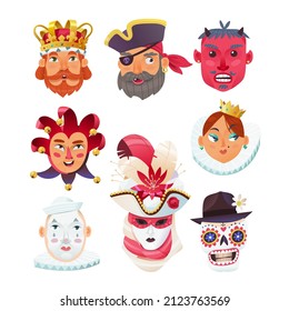 Collection of Mardi Gras characters dressed for holiday carnival and parade. Isolated vector faces can be used as stickers and masks in social media. Royals, clowns and demonic creatures.