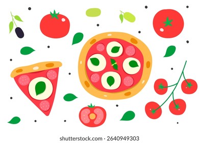 collection of margherita pizza with tomato, olive, basil and black pepper