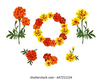 Collection marigold yellow and red flowers wreath and bouquets isolated on white background