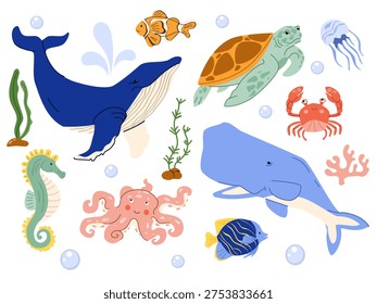 Collection of marine animals featuring blue whale, sea turtle, octopus, crab, and seahorse. Cute kids ocean wildlife set for nursery decor, educational posters, and stickers.