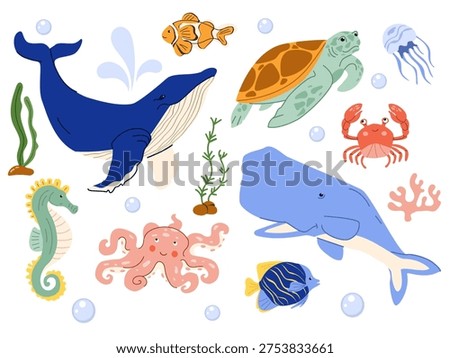 Collection of marine animals featuring blue whale, sea turtle, octopus, crab, and seahorse. Cute kids ocean wildlife set for nursery decor, educational posters, and stickers.