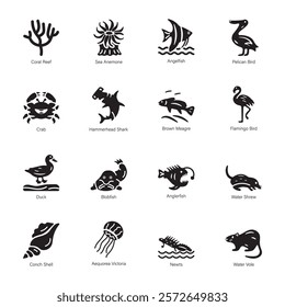 Collection of Marine Animals Glyph Icons 

