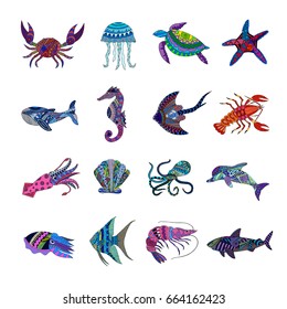 Collection of marine animals: Sea star, kalmar, seahorse, octopus, whale, jellyfish, shrimp, seashell, cuttlefish, crab, turtle, dolphin, angelfish, fish, rump fish. Vector illustration.