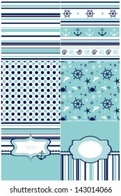 Collection of marine backgrounds in blue and white colors. Vector illustration.