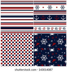 Collection of marine backgrounds in dark blue, red and white colors. Vector illustration.