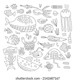 Collection of marine drawings in doodle style - sea creatures, fish, octopuses, starfish, etc. Vector illustration isolated on white background