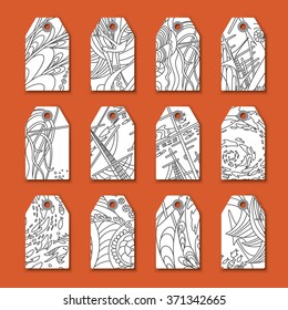 Collection of marine hand tags. 
Trendy handmade patterns (doodles) on the theme of the sea. Isolated.