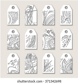 Collection of marine hand tags. 
Trendy handmade patterns (doodles) on the theme of the sea. Isolated.