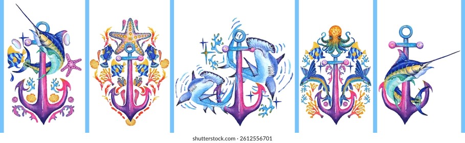 Collection of marine illustrations. All elements are painted with watercolors.