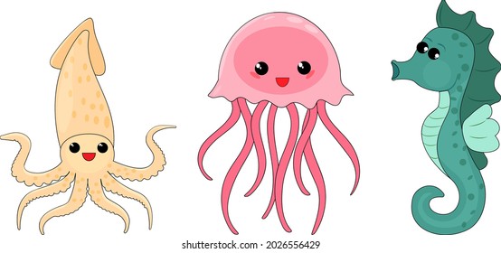 Collection of marine inhabitants in the cartoon style of children. Vector illustration with cartoon style.