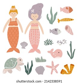 Collection of marine inhabitants and plants for cute stickers. Vector illustration whale, fish, turtle, shell, algae, coral, pretty mermaids