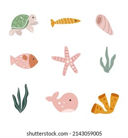 Collection of marine inhabitants and plants for cute stickers. Vector illustration whale, fish, turtle, shell, algae, coral