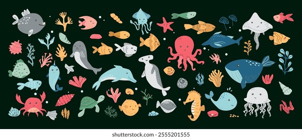 Collection of marine life elements - whales, dolphins, and sea creatures on dark background. Kids sea animals big bundle.