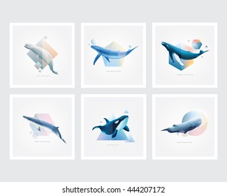Collection of marine mammals symbol decorations. Set of whales with colorful geometric polygons, triangle, circle and cubic shape designs