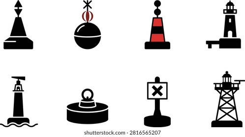 A collection of marine navigation icons featuring buoys, beacons, lighthouses, and navigational markers in a clean vector style. Ideal for maritime maps, nautical applications, marine safety graphics, transportation projects, and educational materials.