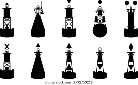 Collection of marine navigation silhouettes featuring buoys, beacons, lighthouses, markers, and sea safety equipment
