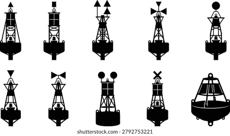 Collection of marine navigation silhouettes featuring buoys, beacons, lighthouses, markers, and sea safety equipment
