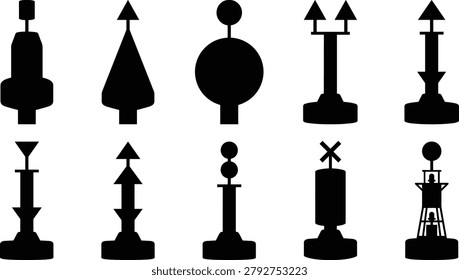 Collection of marine navigation silhouettes featuring buoys, beacons, lighthouses, markers, and sea safety equipment