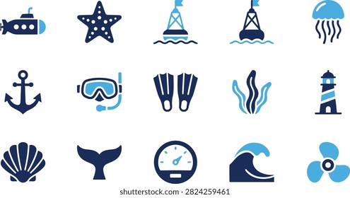 Collection of marine and ocean exploration themed icons. Various nautical icons in shades of blue including a lighthouse, anchor, and sea life on a neutral gray background. Perfect for travel blogs, marine biology sites, and ocean conservation.