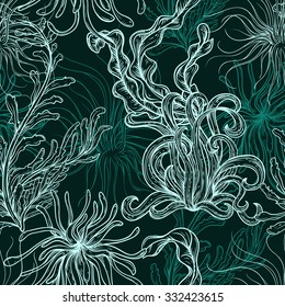 Collection of marine plants, leaves and seaweed. Vintage seamless pattern with hand drawn marine flora. Vector illustration in line art style.Design for summer beach, decorations.