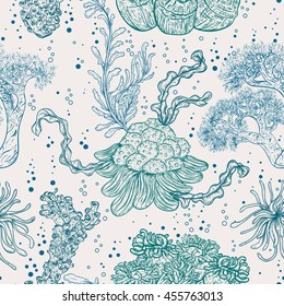 Collection of marine plants, leaves and seaweed. Vintage seamless pattern with hand drawn marine flora. Vector illustration in line art style.Design for summer beach, decorations.