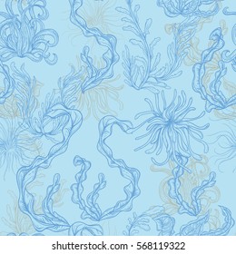 Collection of marine plants, leaves and seaweed. Vintage seamless pattern with hand drawn marine flora. Vector illustration in line art style.