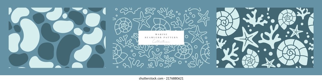 Collection of a marine seamless pattern. Trendy hand-drawn sea patterns perfect for branding, fabric, packaging, baby products, spa, wedding, cosmetics, etc. Minimal vector graphics, easy to adjust.