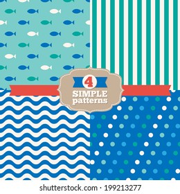 Collection with marine seamless patterns (fishes, stripes, waves, dots). Perfect for wallpapers, pattern fills, web page backgrounds, surface textures, textile, wrapping papers