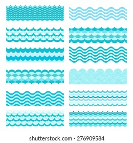 Collection Of Marine Waves. Sea Wavy, Ocean Art Water Design. Vector Illustration