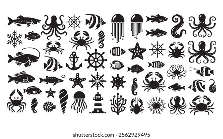 collection of marine-inspired black silhouettes, featuring sea creatures, nautical symbols, and aquatic elements, perfect for creative designs and projects