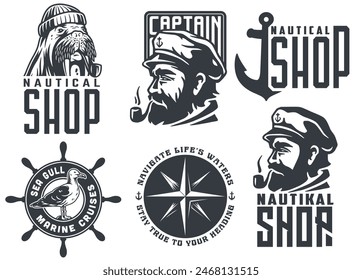 Colección de emblemas marítimos con motivos marineros, capitanes y náuticos perfectos para logotipos o decoraciones temáticas.