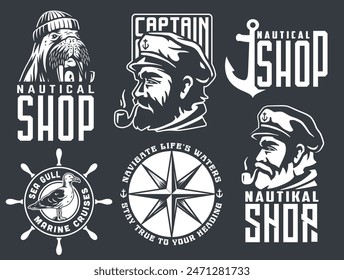 Collection of maritime emblems featuring sailor, captain, and nautical motifs perfect for logos or themed decorations.