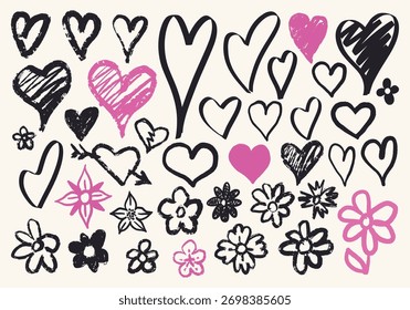 A collection of marker drawings showcasing various heart and flower shapes. The images display a range of styles colors and sizes highlighting creativity and artistic flair.