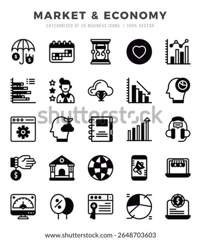 Collection of Market and Economy 25 Lineal Filled Icons Pack.