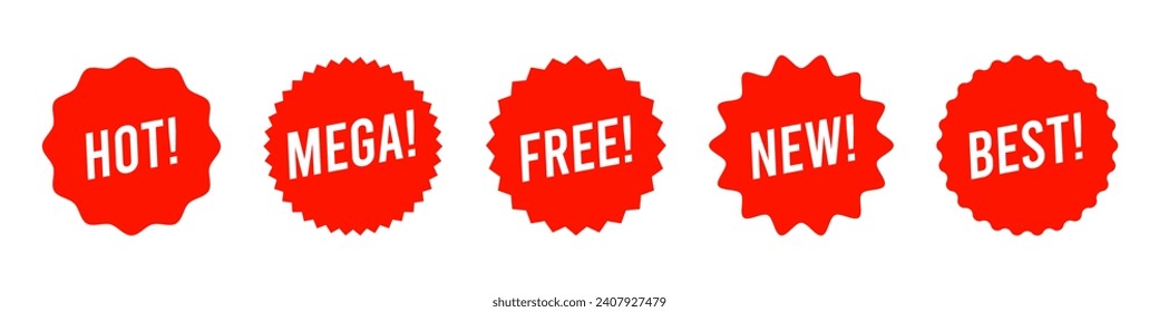 Collection of marketing promotional text message tags. Hot, mega, free, new, best. Trendy red color marketing promotion banner element. Vector illustration