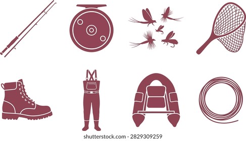A collection of maroon colored icons representing fly fishing equipment including a rod, reel, flies, net, boots, waders, boat, and fishing line.